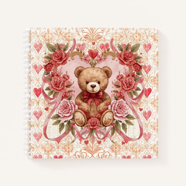 Cuaderno Valentine's ,Teddy Bear,Pink Love Heart and Flower (Anverso)
