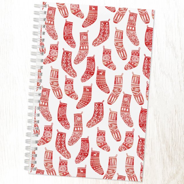 Cuaderno Valores nórdicos rojos y blancos (Nordic Stockings red and white Scandinavian festive Christmas pattern notebook with custom interior)