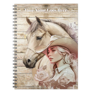 Cuaderno Vaquera acuarela caballo madera personalizado nomb