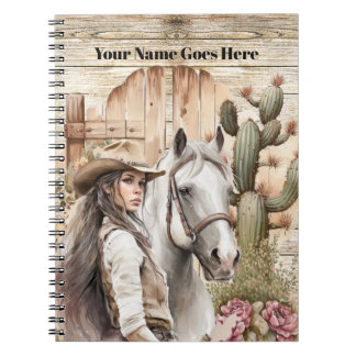 Cuaderno Vaquera con cactus de acuarela de caballo floral