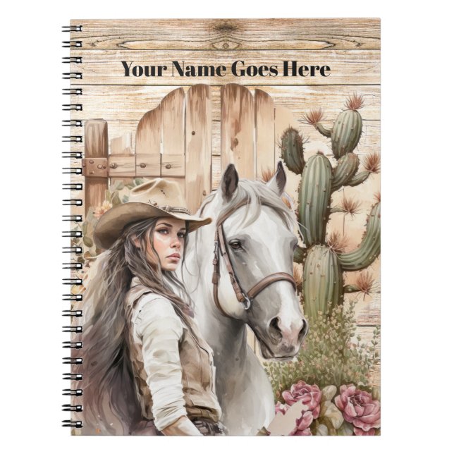 Cuaderno Vaquera con cactus de acuarela de caballo floral (Frente)