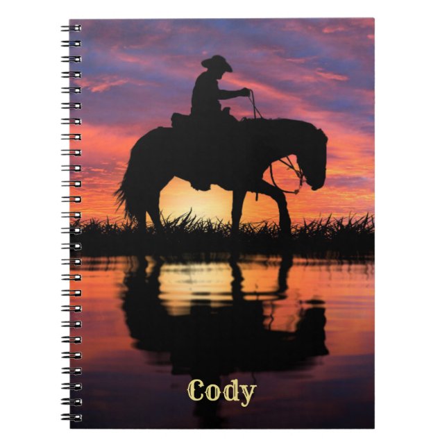 Cuaderno Vaquero a caballo con nombre personal de atardecer (Frente)