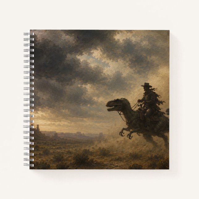 Cuaderno Vaqueros montando dinosaurios a través de una torm (Anverso)