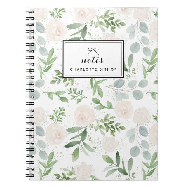 Cuaderno Vegetación acuarela y patrón de flores blancas (Frente)
