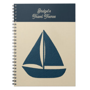 Cuaderno velero azul marino con nombre beige Viaje costero