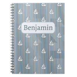 Cuaderno Velero & nombre personalizado en rayas azules y bl
