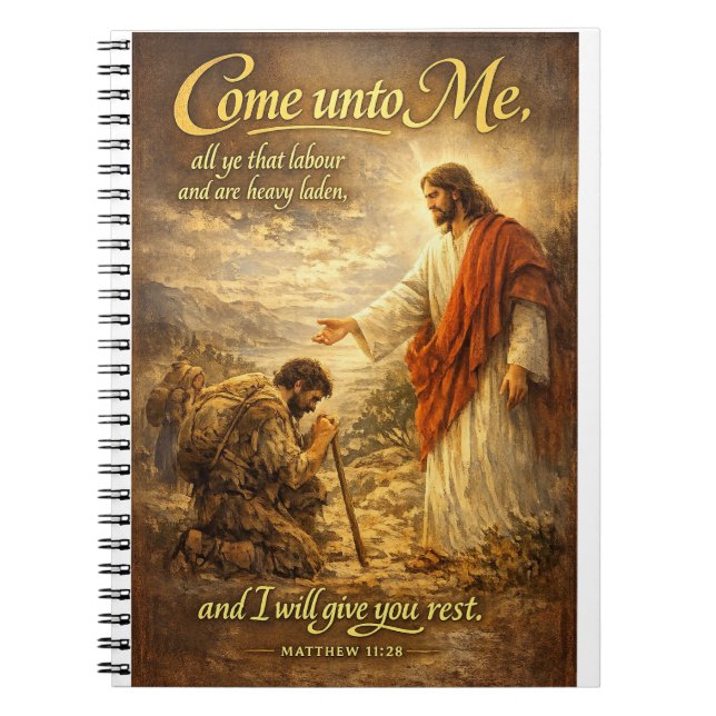 Cuaderno Ven a Mí Mateo 11:28 Versículo de la Biblia  (Frente)