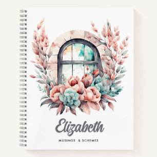 Cuaderno Ventana acuarela con flores y suculentos rosados