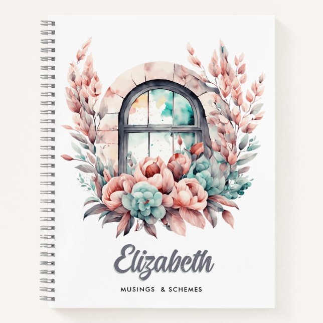 Cuaderno Ventana acuarela con flores y suculentos rosados (Anverso)