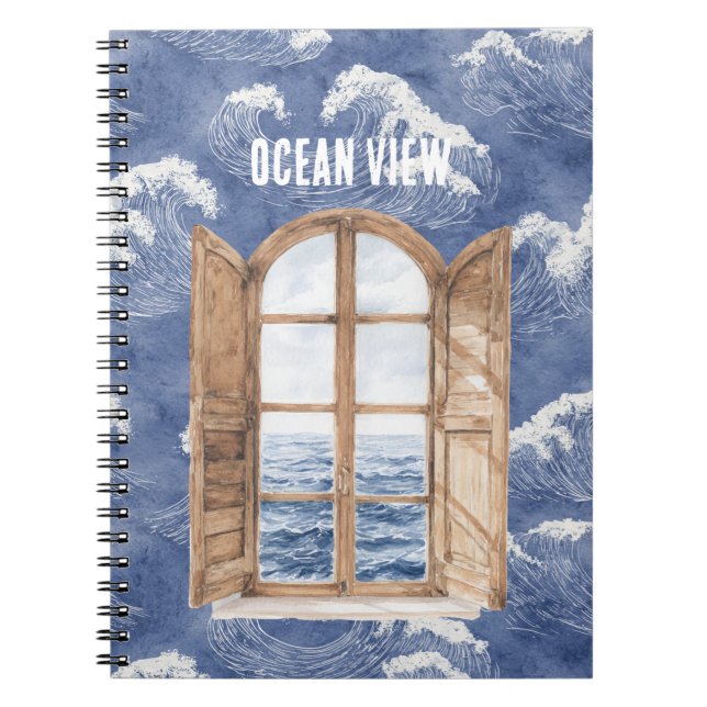 Cuaderno Ventana vista al océano azul olas (Frente)