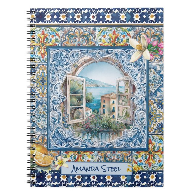 Cuaderno verano azulejos azules florales italianos cítricos (Frente)