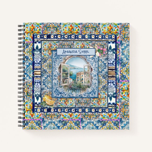Cuaderno verano azulejos azules florales italianos cítricos (Anverso)