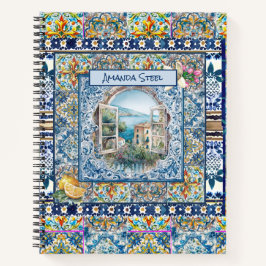 Cuaderno verano azulejos azules florales italianos cítricos