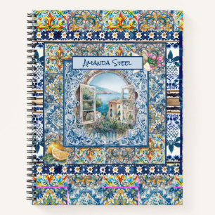 Cuaderno verano azulejos azules florales italianos cítricos