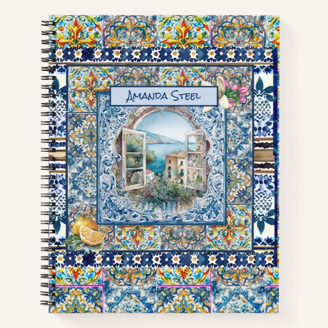 Cuaderno verano azulejos azules florales italianos cítricos (Anverso)