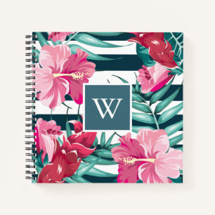 Cuaderno Verano exótico Diseño floral Monograma a rayas