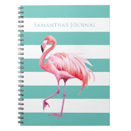 Cuaderno Verde azuladas rayas blancas rosadas Flamingo Nomb