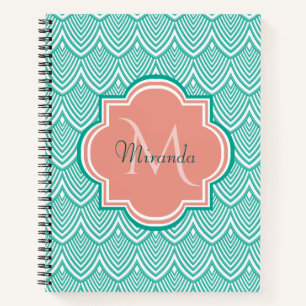 Cuaderno Verde azulado Art Decó Escalas de peces Monograma