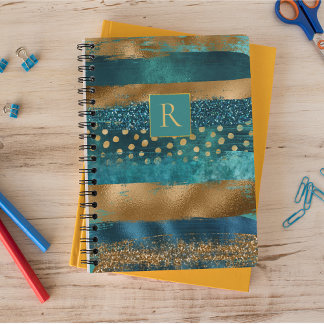 Cuaderno Verde azulado moderno, pinceladas doradas y monogr