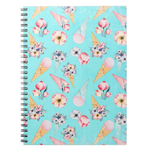 Cuaderno Verde azulado Verano Divertido Flor Helado Cono -  (Frente)