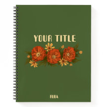 Cuaderno verde con flores rojas y amarillas