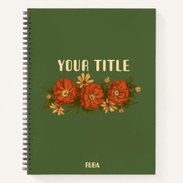 Cuaderno verde con flores rojas y amarillas