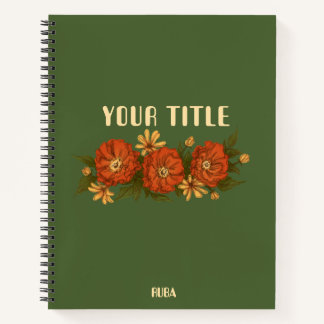 Cuaderno verde con flores rojas y amarillas