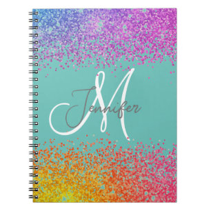 Cuaderno Verde con Purpurina arcoiris Rubor Monograma nombr
