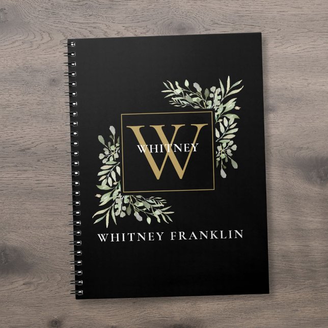 Cuaderno Verde de eucalipto elegante Monograma negro dorado (Elegant Eucalyptus Greenery Black Gold Monogram Notebook)