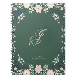 Cuaderno Verde Esmeralda Suave Monograma Floral Personaliza