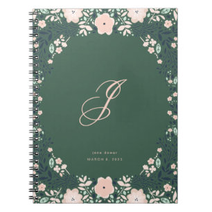 Cuaderno Verde Esmeralda Suave Monograma Floral Personaliza
