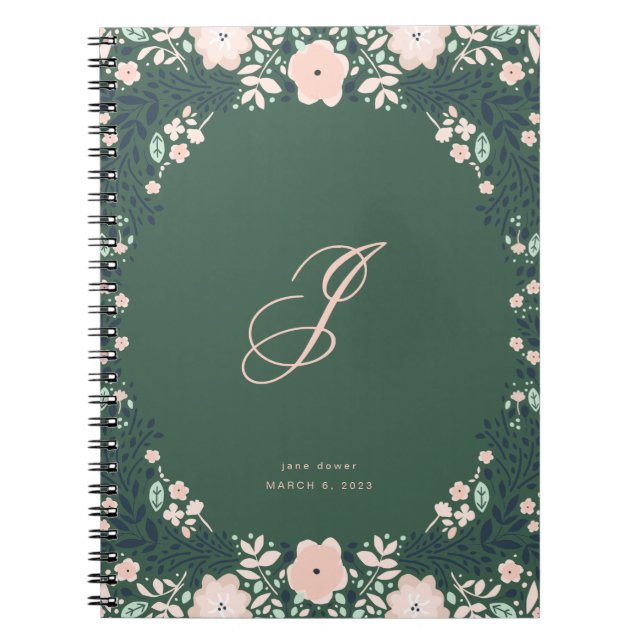 Cuaderno Verde Esmeralda Suave Monograma Floral Personaliza (Frente)
