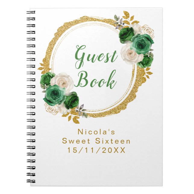 Cuaderno Verde Oscuro y Elegantes Flores Doradas Sweet Sixt (Frente)
