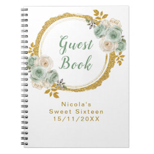 Cuaderno Verde Salvia y Flores Elegantes de Oro Cumpleaños
