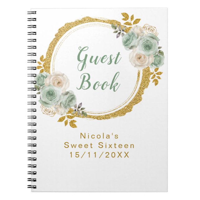 Cuaderno Verde Salvia y Flores Elegantes de Oro Cumpleaños  (Frente)
