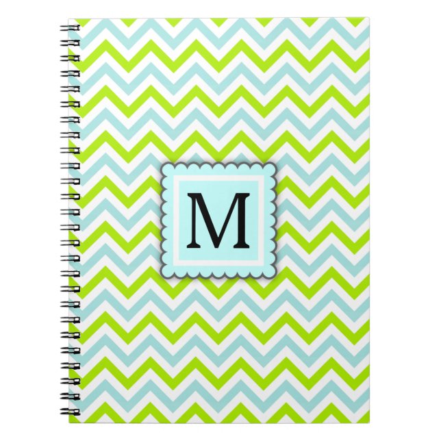 Cuaderno Verde y monograma azul del personalizado de (Frente)