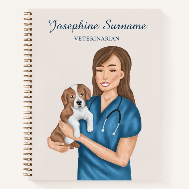 Cuaderno Veterana Médico de Vet DVM con cachorro (Anverso)