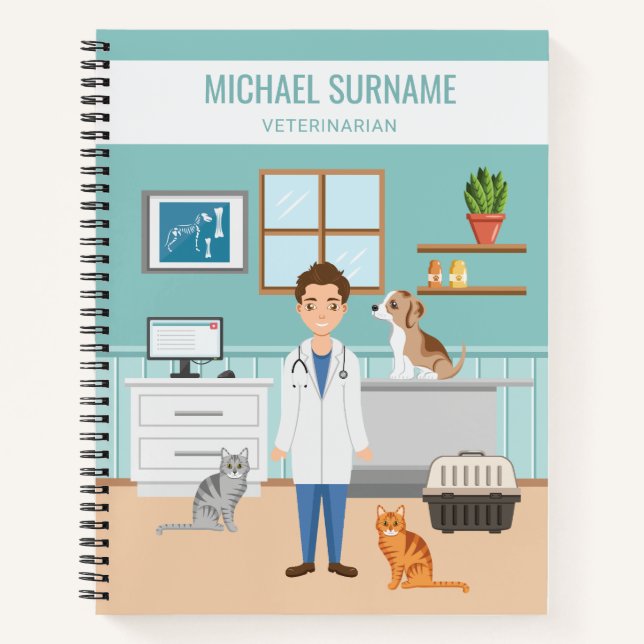 Cuaderno Veterinaria Sala Vet Hombre Mascota Médico Nombre  (Anverso)