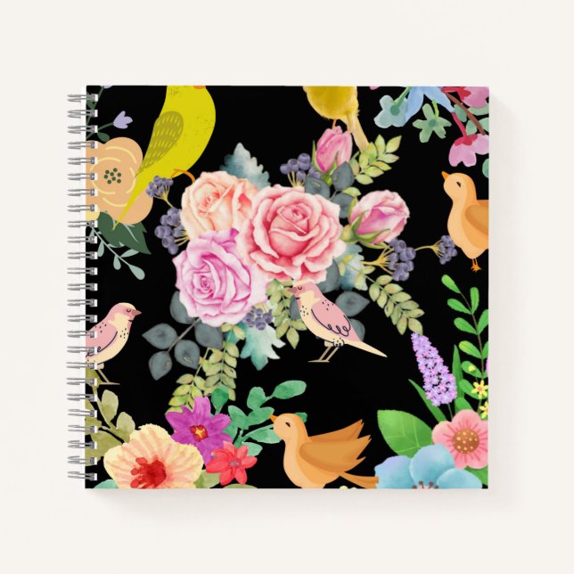 Cuaderno Vibrant Colorful Birds and Flowers Art on Black (Anverso)