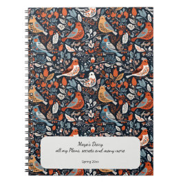 Cuaderno Vibrante Patrón Nórdico Floral Y Ave Personalizado