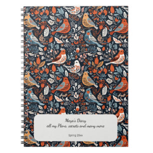 Cuaderno Vibrante Patrón Nórdico Floral Y Ave Personalizado