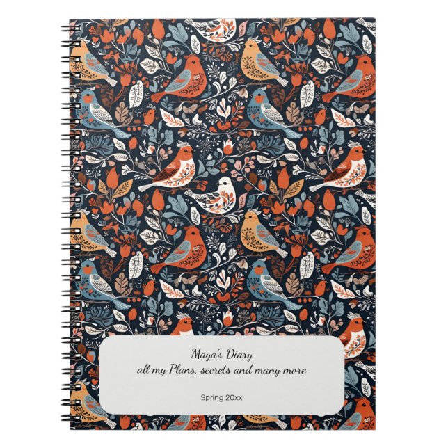 Cuaderno Vibrante Patrón Nórdico Floral Y Ave Personalizado (Frente)