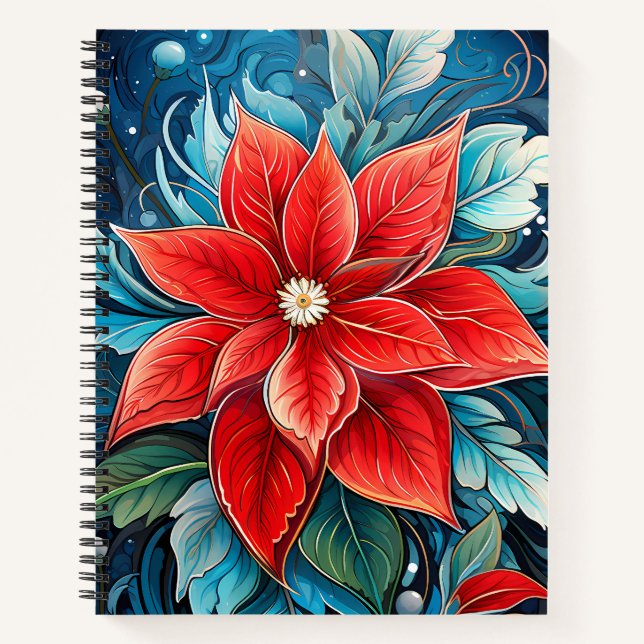 Cuaderno Vibrante Poinsettia Roja en un fondo azul (Anverso)