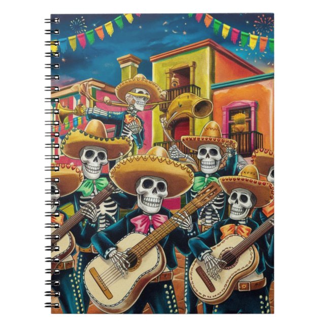 Cuaderno Vibrante Skeleton Mariachi Band Día de Los muertos (Frente)