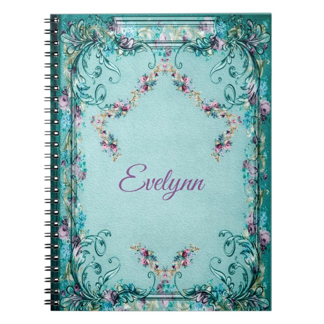 Cuaderno Victoriano floral y pergamino elegante morado verd (Frente)
