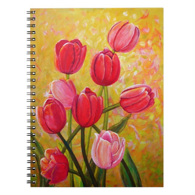 Cuaderno Vida con pintura rosada y roja de tulipanes (Frente)
