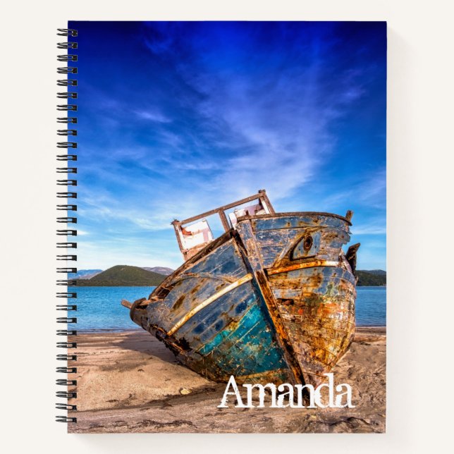 Cuaderno Viejo barco azul a orillas del mar (Anverso)