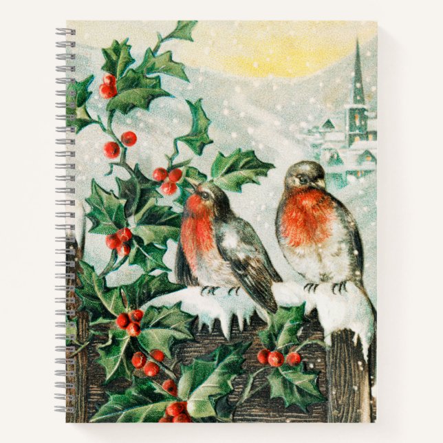 Cuaderno Vintage Christmas Card with Robins, Holly, Church (Anverso)