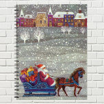 Cuaderno Vintage Christmas, Santa Claus Horse Open Sleigh<br><div class="desc">Ilustracion de época Victorian Festividad navideña Feliz Navidad con un alegre Papá Noel montado en un caballo de trineos abiertos en la víspera de Navidades. Está nevando durante el invierno con una ciudad somnolienta a lo lejos. Árboles blancos cubiertos con ramas cubiertas de nieve mientras los copos de nieve caen...</div>