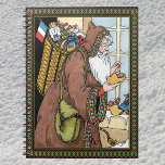 Cuaderno Vintage Christmas, Santa Claus Toys Clogs Shoes<br><div class="desc">Ilustracion de época de estilo victoriano Feliz Navidad Santa Claus imagen de San Nicolás vestido con un abrigo marrón sujetando a un naranja en un zapato de taquilla de madera. Lleva un saco lleno de juguetes y una bandera francesa en la espalda. Hay más zapatos con juguetes, caramelos y naranjas...</div>